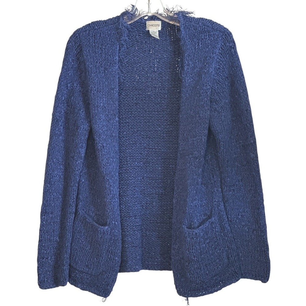 Chicos Open Front Cardigan Sweater Fringe Trim Coastal Casual Boho Blue 2 L